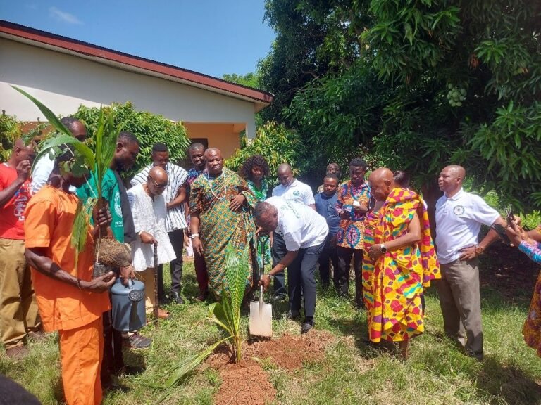 Stephen Asamoah Boateng, Chieftaincy Minister, fills a planted seedling with sand, whilst the chiefs look on