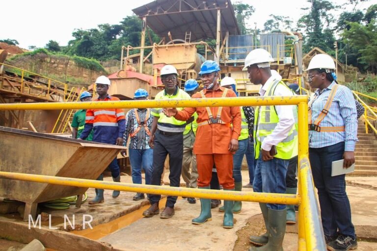 George Mireku Duker (middle) with officials of the Lands Ministry and Minerals Commission during a tour of Kibi Goldfields Limited